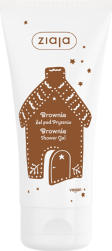 Ziaja Brownie żel pod prysznic w białej tubce z brązowym wzorem piernikowego domku, widok z przodu.