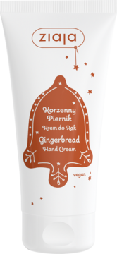 Ziaja Korzenny Piernik Krem do Rąk, biała tubka z brązowym wzorem piernika i napisem Gingerbread, widok z przodu.