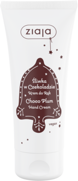 Krem do rąk Ziaja Choco Plum w białej tubce, przód. Brązowa etykieta ze śliwką, napisami, gwiazdkami, ikoną vegan.