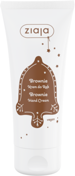 Biała tubka Ziaja Brownie krem do rąk, z brązową grafiką i napisem "Hand Cream". Widok z przodu, zapach czekoladowego brownie.