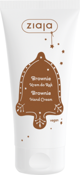 Ziaja Brownie Krem do Rąk, biała tubka z brązowym wzorem piernikowego dzwonka i napisem vegan, widok z przodu.