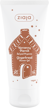 Biała tuba Ziaja Korzenny Piernik Gingerbread Shower Gel, z grafiką brązowego domku z piernika i gwiazdkami, widok z przodu.