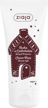 Biała tubka żelu Ziaja Śliwka w Czekoladzie z brązową grafiką piernikowego domku i napisem, widok z przodu.