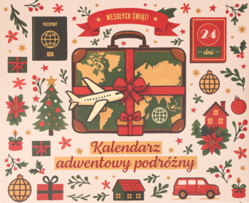 Kalendarz adwentowy podróżny Eloy w formie walizki z mapą, otoczonej świątecznymi motywami, widok z przodu.