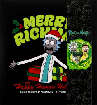 Eloy Kalendarz adwentowy Rick i Morty. Rick w czapce Mikołaja, prezenty, "Merry Rickmas", logo, czarne tło.