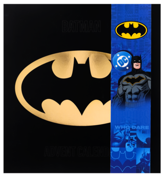 Batman Advent Calendar z dużym złotym logo Batmana na czarnym tle i niebieskim paskiem z grafikami DC.