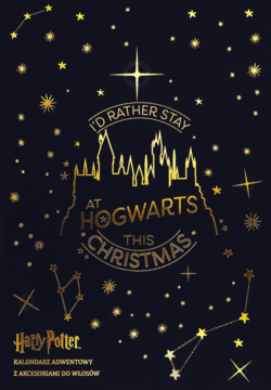 Granatowy kalendarz adwentowy Eloy Harry Potter ze złotym zamkiem Hogwarts i gwiazdami. Z ozdobami do włosów.