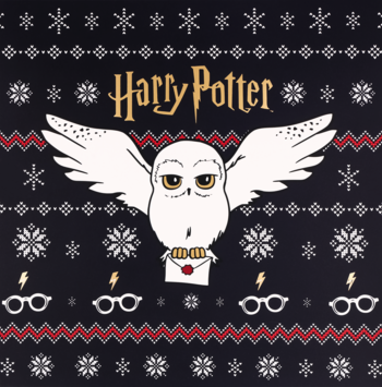 Harry Potter: wzór swetra z sową Hedwigą z listem, płatkami śniegu i okularami na czarnym tle.