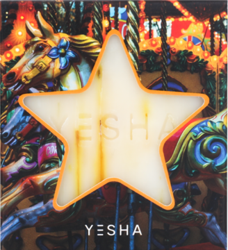 Świąteczne mydło Yesha Trawa Cytrynowa. Opakowanie: karuzela, lśniąca gwiazda Yesha z pomarańczową ramką, widok z przodu.