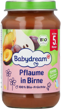 Słoik Babydream Pflaume w Gruszce dla niemowląt, 100% Bio, bez cukru, różowo-zielona etykieta z owocami, widok z przodu.