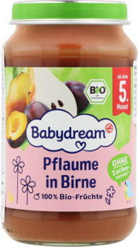 Babydream Śliwka w Gruszce. Słoik musu owocowego 100% bio dla niemowląt, bez cukru, od 5. miesiąca.