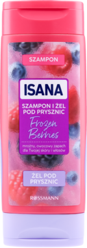 Isana Szampon i Żel 2w1 Frozen Berries, różowa butelka z fioletową etykietą, widok z przodu, z motywem jagód.