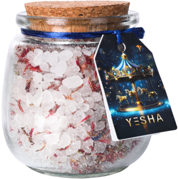 Sól do kąpieli Yesha 350g w szklanej butelce z korkiem, białymi kryształkami i różowymi płatkami, widok z przodu.