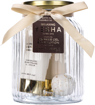 Zestaw do kąpieli Yesha w szklanym słoiku z ryflowaniami, złotą zakrętką i beżową kokardką, 4 produkty.