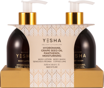 Yesha zestaw: balsam do ciała peonia i żel pod prysznic coffee lime, brązowe butelki z pompkami, w złotym opakowaniu.