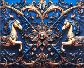 Dekoracyjna świąteczna grafika: złote, wytłaczane ozdoby z końmi na niebieskim tle, napis 'Merry Christmas'.