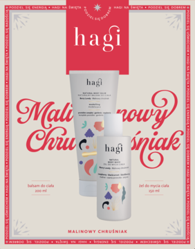 Zestaw Hagi Malinowy Chruśniak: biały balsam (200ml) i żel (150ml) do ciała o słodkim, owocowym zapachu.