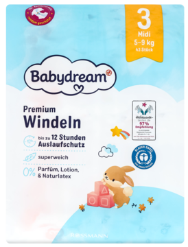 Opakowanie pieluszek Babydream Premium Windeln Midi 3 (5-9 kg), przód, niebiesko-białe z króliczkiem.
