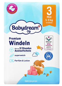 Opakowanie pieluszek Babydream Premium Midi 3 (5-9 kg) z królikiem, gwarancja 12h ochrony, 0% perfum.