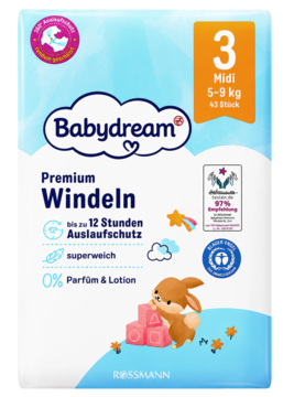 Front opakowania pieluszek Babydream Premium Midi 3, 5-9 kg, 43 sztuki, z niebieskim wzorem i króliczkiem.
