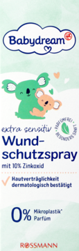 Babydream Wundschutzspray extra sensitiv, 10% Zinkoxid, z koalami, biała etykieta, widok z przodu.