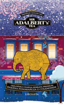 Sir Adalbert's Premium Black Ceylon Tea Snowy Orange & Cinnamon w świątecznym pudełku-domku ze słoniem.