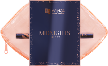 AA Wings Of Color Midnights zestaw do ust, z brokatową pomadką i konturówką, w przezroczystej kosmetyczce z granatowym etui.