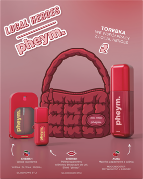 Zestaw Local Heroes x Pheym AURA: czerwona pikowana torebka, mgiełka, perfumy i błyszczyk na różowym tle.