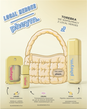 Zestaw Local Heroes x Pheym: kremowa, pikowana torebka, mgiełka VIVID, perfumy CRUSH i błyszczyk z etui.