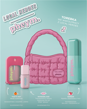 Zestaw Local Heroes x Pheym na błękitnym tle: różowa pikowana torebka, mgiełka Genesis, perfumy That's Hot, błyszczyk Wonderland.
