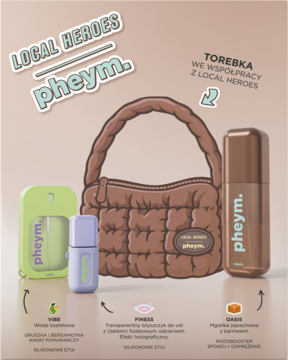 Plakat zestawu Local Heroes x Pheym: brązowa pikowana torebka, mgiełka OASIS, perfumy VIBE w zielonym etui, błyszczyk FINESS.