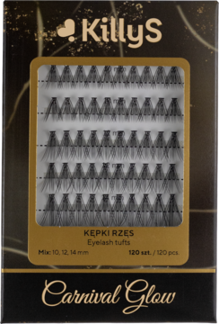 KillyS Carnival Glow kępki rzęs w czarnym pudełku z przezroczystym oknem, widok z przodu, mix długości.