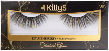 KillyS Carnival Glow: Sztuczne rzęsy, czarne ze złotymi refleksami, w ozdobnym czarno-złotym pudełku.
