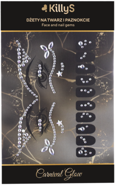 KillyS Carnival Glow: błyszczące dżety na twarz i paznokcie, z wzorami dookoła oczu i na płytkach paznokci.
