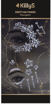 KillyS Face Gems, opalizujące dżety na twarz w kształcie kwiatów i łezek, widoczne na ciemnym opakowaniu.