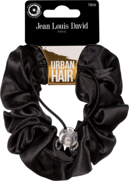 Czarna, jedwabista gumka do włosów Jean Louis David z regulacją, owinięta wokół opakowania Urban Hair.