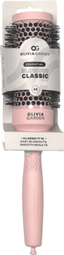 Szczotka Olivia Garden Blowout Classic 45 mm pastelowy róż, w białym opakowaniu, z czarnym włosiem i wzorem.