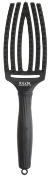 Olivia Garden Fingerbrush: czarna szczotka do włosów o otwartej dłoni, elastyczne ząbki, widok frontalny.