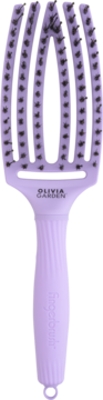 Liliowa szczotka Olivia Garden Fingerbrush, widok z przodu, o kształcie dłoni, z czarnym włosiem, do rozczesywania.