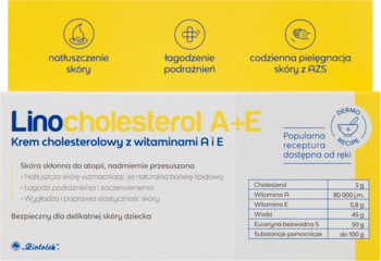 Linocholesterol A+E krem cholesterolowy w białym opakowaniu, widok z przodu, z ikonami działania.