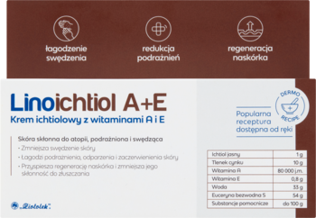 Krem Linoichtiol A+E w brązowo-niebieskim pudełku, z witaminami A i E na swędzącą skórę atopową, widok z przodu.