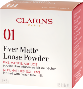 Clarins Ever Matte Loose Powder 01, matujący puder w biało-brzoskwiniowym pudełku, widok pod kątem.