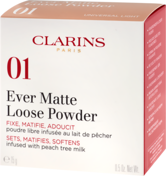 Clarins Ever Matte Loose Powder 01, matujący puder w biało-brzoskwiniowym pudełku, widok pod kątem.