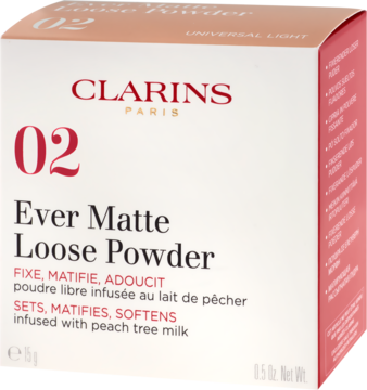 Matujący puder sypki Clarins Ever Matte Loose Powder 02 w białym pudełku z mleczkiem brzoskwiniowym, widok z przodu.