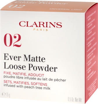 Matujący puder sypki Clarins Ever Matte Loose Powder 02 w białym pudełku z mleczkiem brzoskwiniowym, widok z przodu.