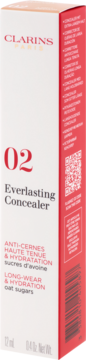 Opakowanie korektora Clarins Everlasting Concealer 02, białe z czerwonymi napisami, widok z przodu i z boku.