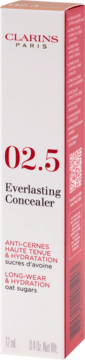 Clarins Everlasting Concealer 02.5, białe pudełko z różowym bokiem i złotym logo, widok z przodu pod kątem.