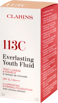 Biały kartonik Clarins 113C Everlasting Youth Fluid, podkład rozświetlający SPF 15, widok z przodu i z boku.