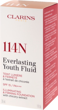 Białe pudełko Clarins Everlasting Youth Fluid 114N, podkład rozświetlająco-ujędrniający SPF15, z przodu.