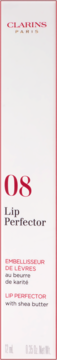 Clarins Lip Perfector 08, białe opakowanie z czerwonym tekstem i detalami, widok z przodu, z masłem shea.